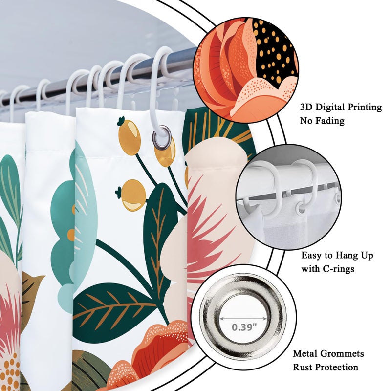 Riyidecor Small Stall Shower Curtain 36Wx72H Inch Half Narrow RV Spring Floral Flower Bathtub Decor Walkin Leaves Green Bathroom Decor Fabric Panel Polyester Waterproof 7 Pack Plastic Hooks - Image 4